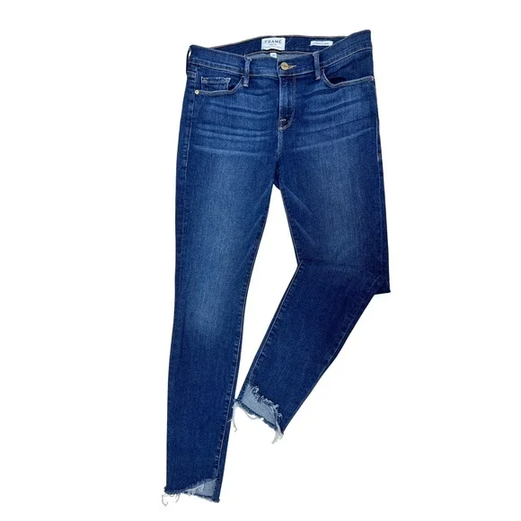 FRAME Le Skinny de Jeanne Jeans Women 29 Blue Excellent Raw Staggered Hem Astell - Picture 2 of 8